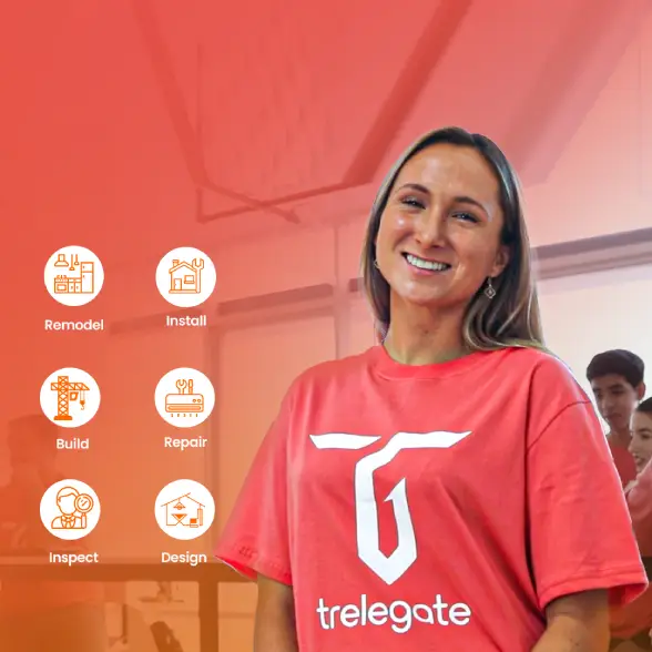 Woman wearing a Trelegate T-shirt with home service icons